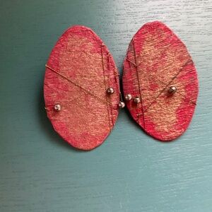 Vintage art deco earrings, red and gold with gold wire and beads.